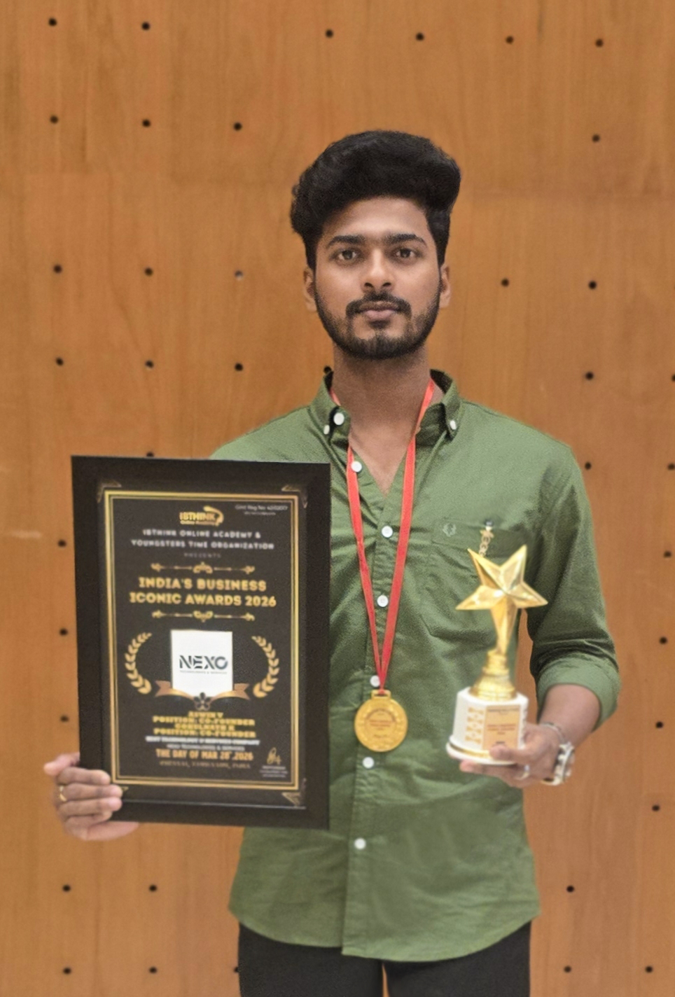 Aswin V at India Business Iconic Awards 2026 Nexo Technologies And Services Wins Best Technologies and Service Company Award