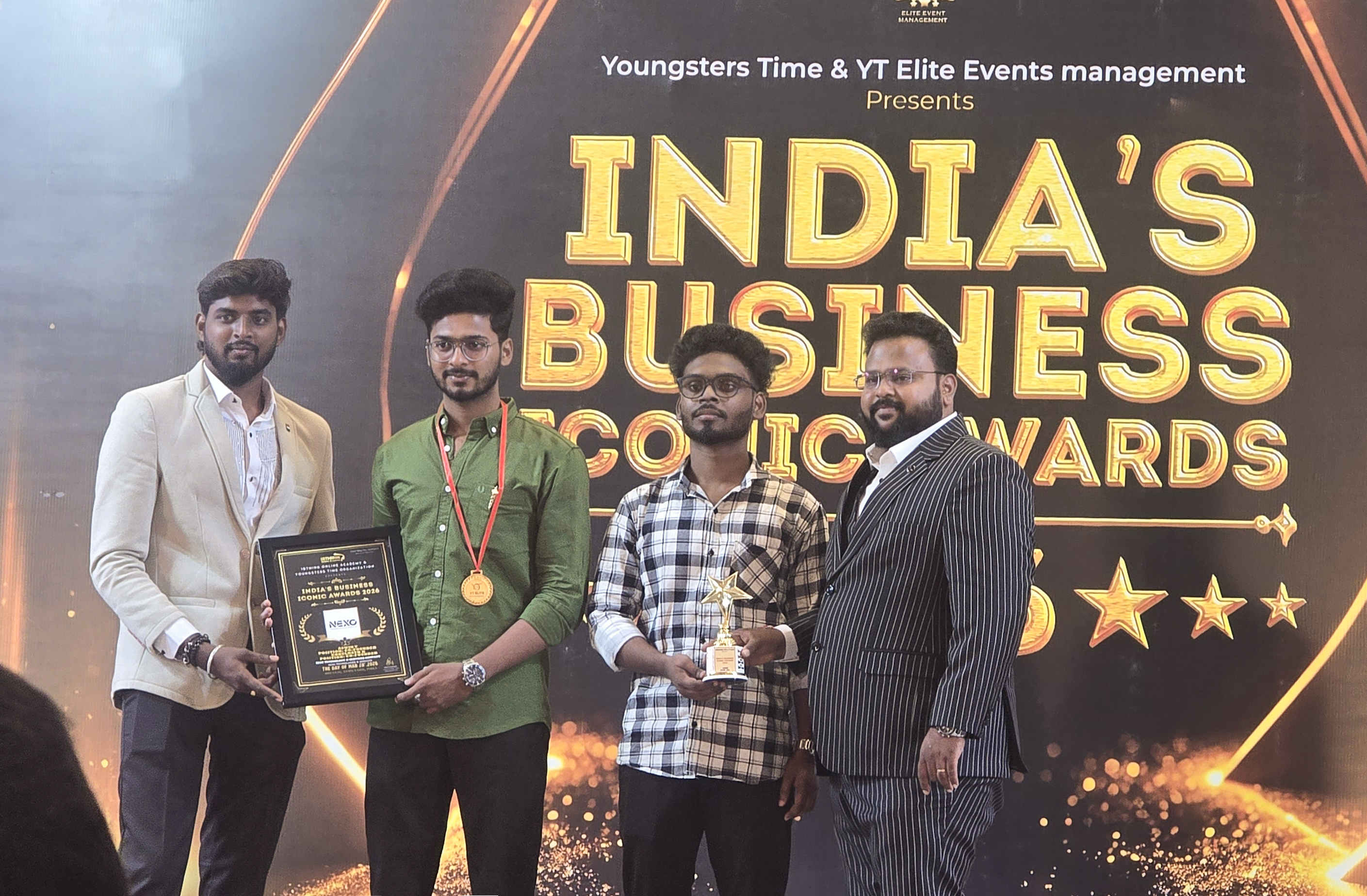 Aswin V on stage receiving India Business Iconic Award 2026 Best Technologies and Service Company Nexo Technologies Chennai India